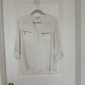 Forever 21 Essentials Blouse Women’s Medium White Long Sleeve Front Zip Pockets